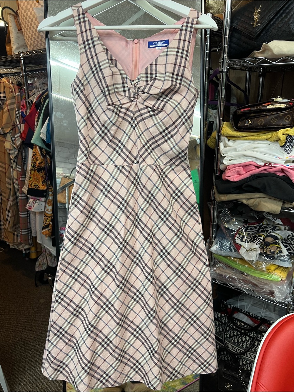 Burberry Pink Plaid Knot-Front A-Line Dress with Black Trim